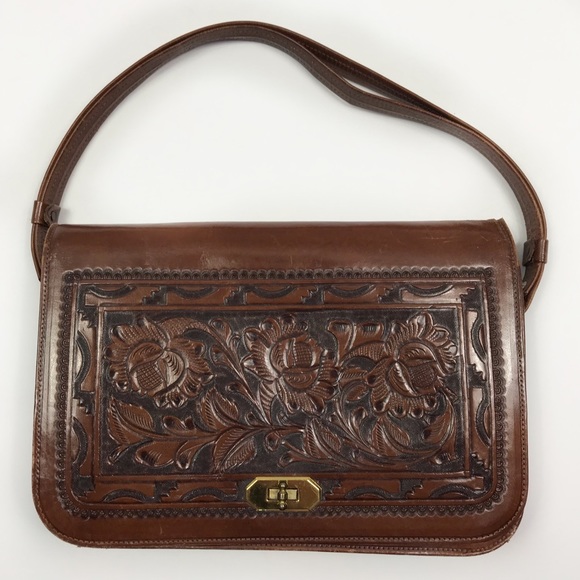 Vintage Handbags - Vintage Hand Tooled Floral Brown Medium Handbag